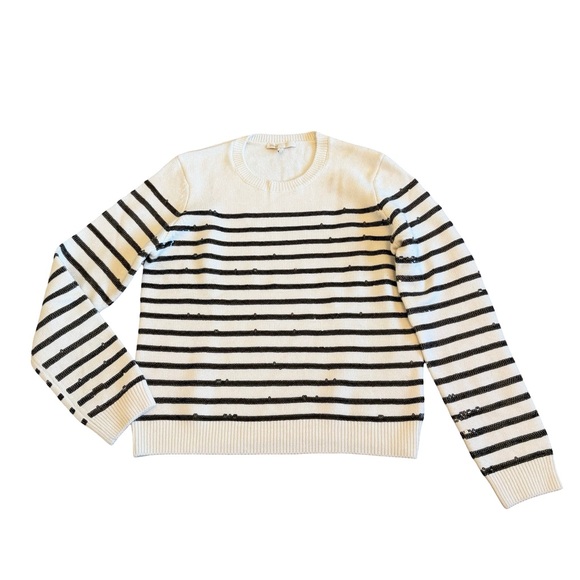 Maje Mystrip Sequined Striped Sweater Ecru Black Wool Blend Size 1 Small Women's - Picture 2 of 15